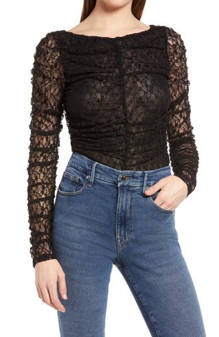 Wayf + Claude Ruched Lace Long Sleeve Bodysuit