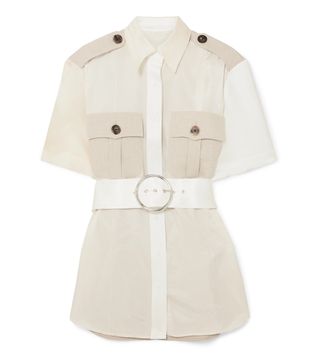 Peter Do + College Safari Belted Paneled Cotton-Twill and Seersucker Shirt