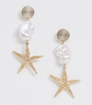 ASOS Design + Earrings With Faux Freshwater Pearl and Starfish Drop in Gold Tone