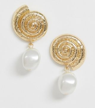 ASOS Design + Earrings in Asymmetric Shell and Pearl Design in Gold