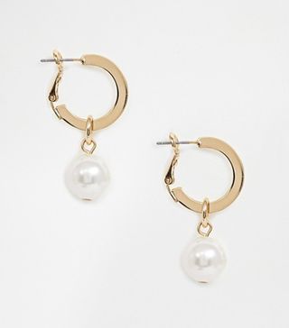 Monki + Pearl Drop Hoop Earrings in Gold