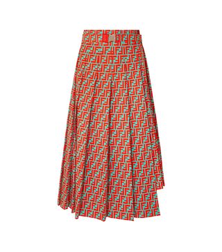Fendi + Asymmetric Pleated Printed Cotton-Poplin Skirt