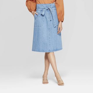 Who What Wear + Duo Front Pocket Belted Denim Midi Skirt