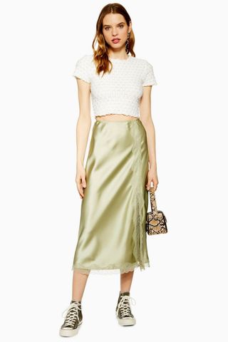 Topshop + Lace Trim Bias Satin Midi Skirt
