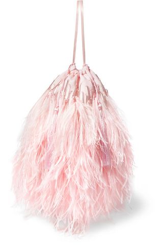 Attico + Feather-Trimmed Beaded Satin Pouch