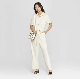 Who What Wear + Short Sleeve Button-Down Belted Utility Jumpsuit