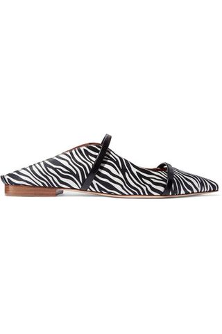 Malone Souliers + Maureen Leather-Trimmed Zebra-Print Satin Point-Toe Flats