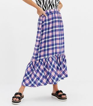 Monki + Midi Skirt With Tartan Print in Pink Co-Ord