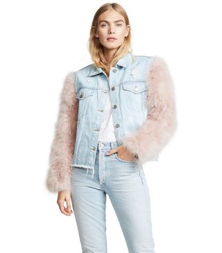 Jocelyn + Cropped Denim Jacket With Detachable Feather Sleeves
