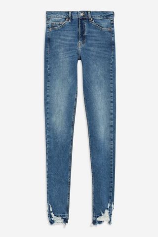 Topshop + Tall Mid Blue Rip Hem Jamie Jeans