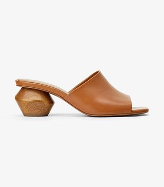 Zara + Leather Mules With Geometric Wood Look Heels