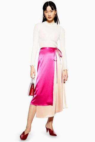 Topshop + Color Block Satin Midi Skirt