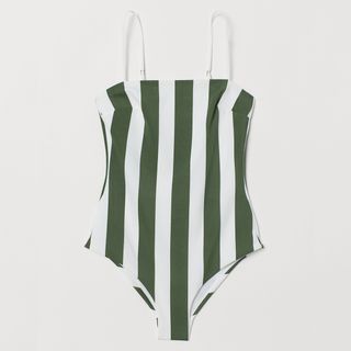 H&M + Dark Green Striped Swimsuit