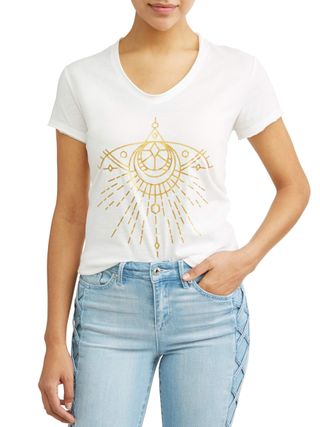 Sofia Jeans by Sofia Vergara + Gold Evil Eye Short Sleeve V-Neck Graphic T-Shirt