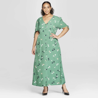 Who What Wear x Target + Floral Print Short Tie Sleeve V-Neck Button Detail Maxi Dress