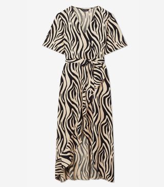 Miss Selfridge + Nude Zebra Print Wrap Midi Dress