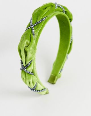 ASOS Design + Velvet Headband with Grey Pearl Detail in Chartreuse