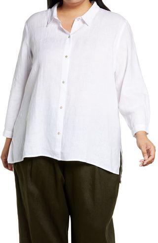 Eileen Fisher + Classic Collar Organic Linen Button-Up Shirt