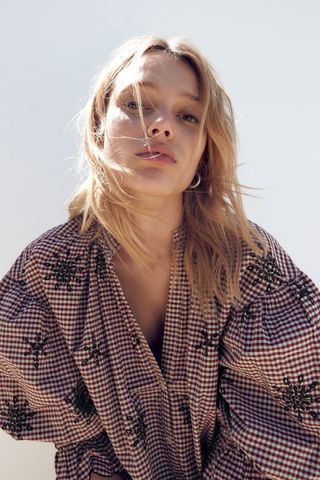 Zara + Embroidered Plaid Blouse