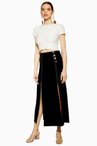 Topshop + Black Splice Button Midi Skirt