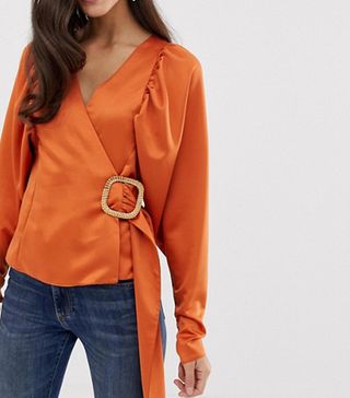 ASOS Design + Long Sleeve Wrap Top in Satin With Buckle Detail