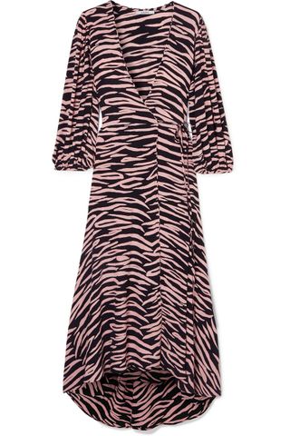 Ganni + Zebra-Print Crepe Wrap Dress