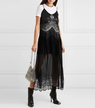 Paco Rabanne + Lace-Trimmed Satin and Chiffon Midi Dress