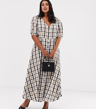 Neon Rose Plus + Maxi Tea Dress With Puff Sleeves in Bold Check