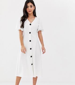 ASOS Design + Petite Midi Skater Dress With Puff Sleeves and Contrast Buttons