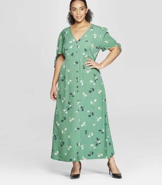 Who What Wear x Target + Tie Sleeve V-Neck Button Detail Maxi Dress
