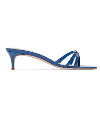 By Far + Libra Mules in Blue Patent Leather