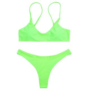 SherryDC + Solid Scoop Neck Brazilian Thong Bikini Swimsuit