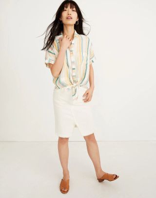 Madewell + Linen Short-Sleeve Tie-Front Shirt in Pineapple Stripe