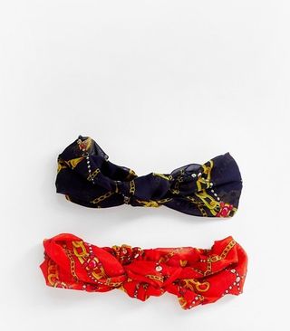 ASOS Design + Pack of 2 Knot Front Headbands in Vintage Chain Print