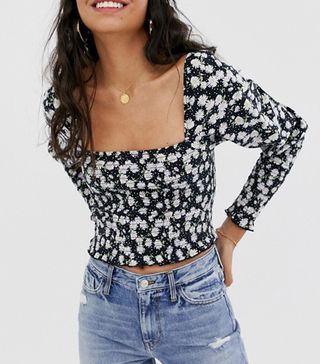 ASOS Design + Shirred Top With Puff Sleeve