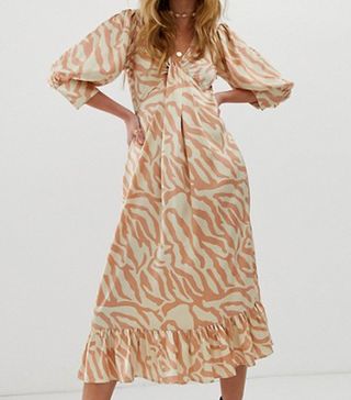 ASOS Design + Knot Front Midi Dress in Natural Zebra Print