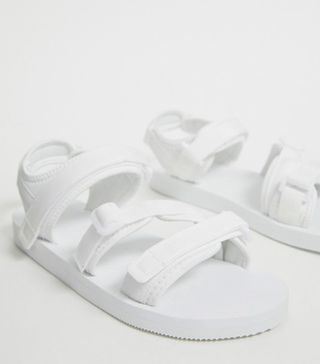 ASOS Design + Wide Fit Tech Sandals in White with Tape Straps