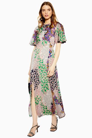 Topshop + Austing Floral Print Angel Sleeve Midi Dress