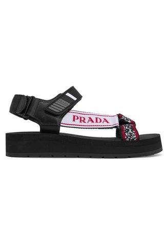Prada + Logo-Embossed Rubber-Trimmed Leather and Canvas Sandals