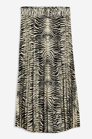 Topshop + Zebra Belted Pleated Midi Skirt