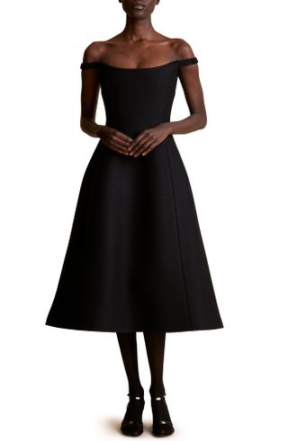 Khaite + Uma Off the Shoulder Wool Blend Fit & Flare Midi Dress