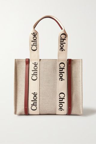 Chloé + Woody Medium Leather-Trimmed Cotton-Canvas Tote