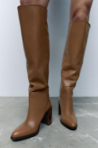 Zara + Heeled Knee High Leather Boots