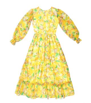 Vintage + Yellow and Green Long-Sleeved Floral-Print Prairie Dress