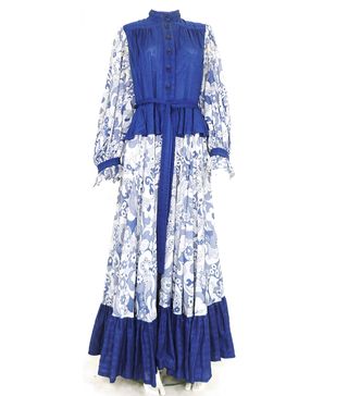 Vintage + White and Blue Floral Maxi Dress