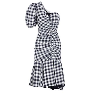 Jonathan Simkhai + Gingham Ruched One-Shoulder Dress