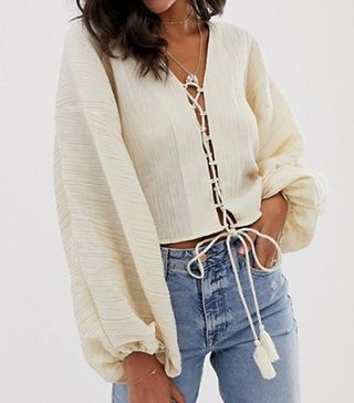 ASOS Design + Long Sleeve Top in Natural Crinkle With Tie-Front Detail