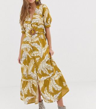 ASOS Design + Button Through Maxi Dress With Buckle Belt in Palm Print