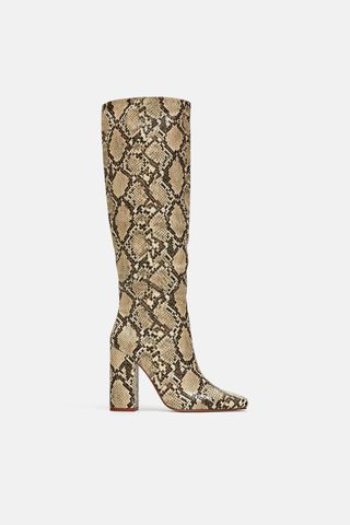 Zara + Heeled Snakeskin Print Boots