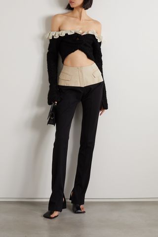 Aaziel + Off-the-Shoulder Cropped Ruffled Cardigan